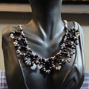 Black Glass Beaded Scalloped Looped Necklace